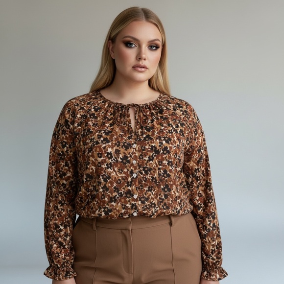 Brown floral keyhole button down long sleeve Ruffle cuff blouse - Picture 1 of 8